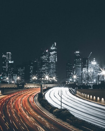 Traffic in a city at night.