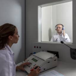 Audiologist administering a hearing test