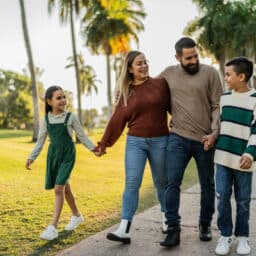 Family takes a walk, chatting