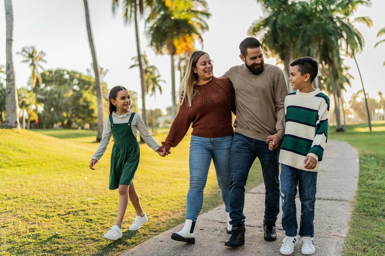 Family takes a walk, chatting